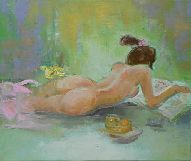 Malarstwo zatytułowany „Reclining Nude, ori…” autorstwa Liang Yi Er, Oryginalna praca, Olej
