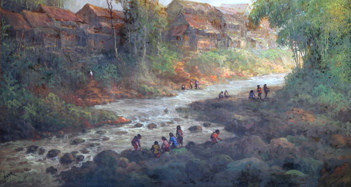 Ζωγραφική με τίτλο "River Landscape" από Lia Nursalim, Αυθεντικά έργα τέχνης, Λάδι