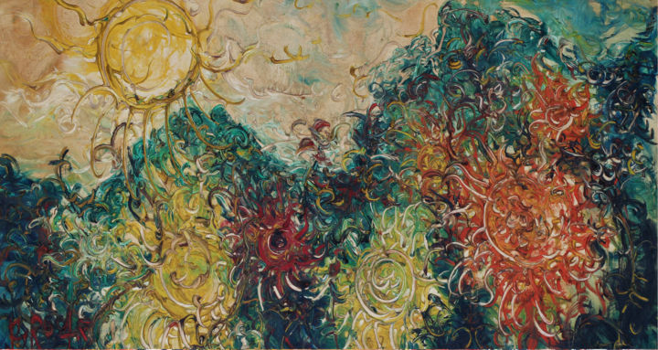 Painting titled "Sunflowers" by Lia Nursalim, Original Artwork, Oil