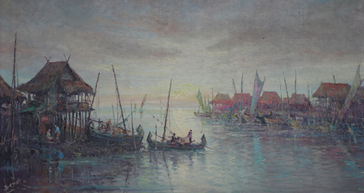 Painting titled "Fishermen Port" by Lia Nursalim, Original Artwork, Oil