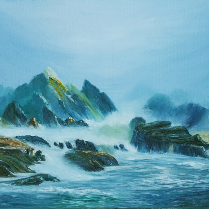 Painting titled "Rocks in the fog" by Liatriz, Original Artwork, Oil