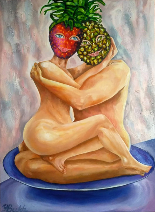 Pintura titulada "Strawberry- pineapp…" por Yulia Bukharovskaya, Obra de arte original, Oleo