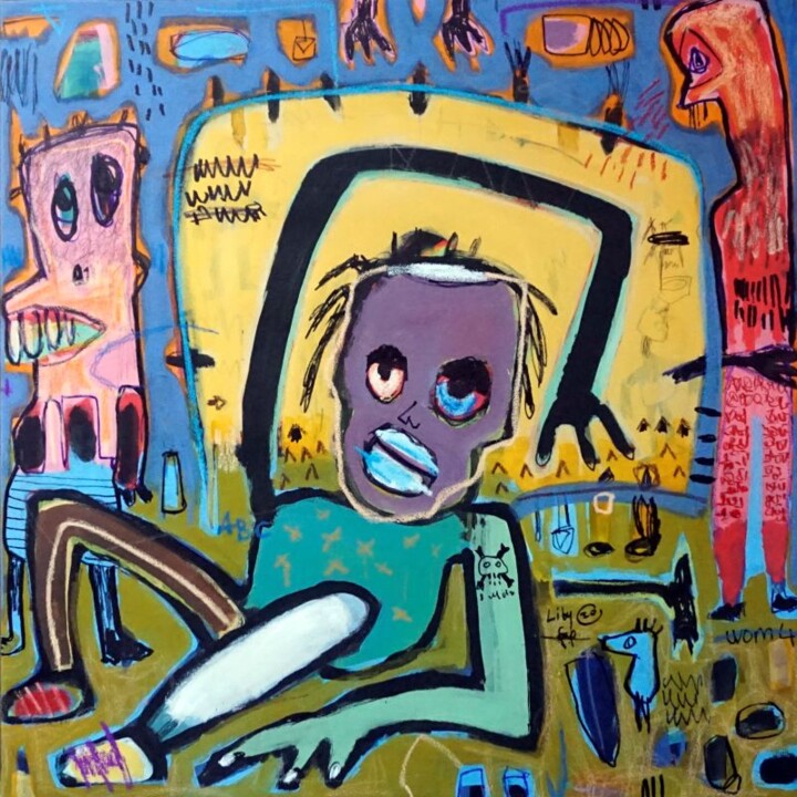 Painting titled "Confortablement" by Liby Lougué, Original Artwork, Acrylic Mounted on Wood Stretcher frame