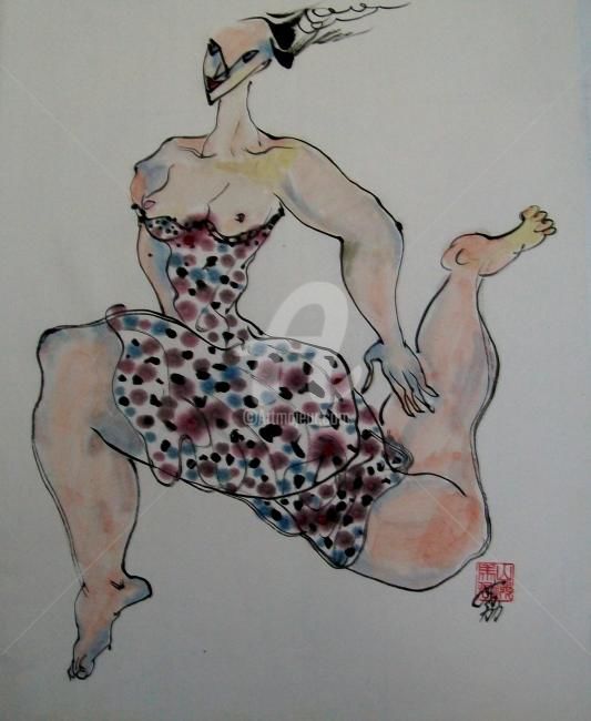 Peinture intitulée "fille danse ligne" par Li Chen, Œuvre d'art originale, Encre