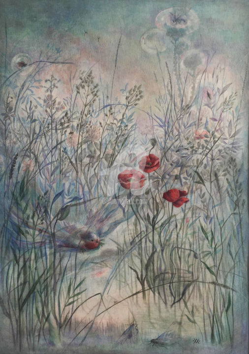 Zeichnungen mit dem Titel "Sommer" von Anna Andropova, Original-Kunstwerk, Conté-Buntstifte Auf Andere starre Platte montiert