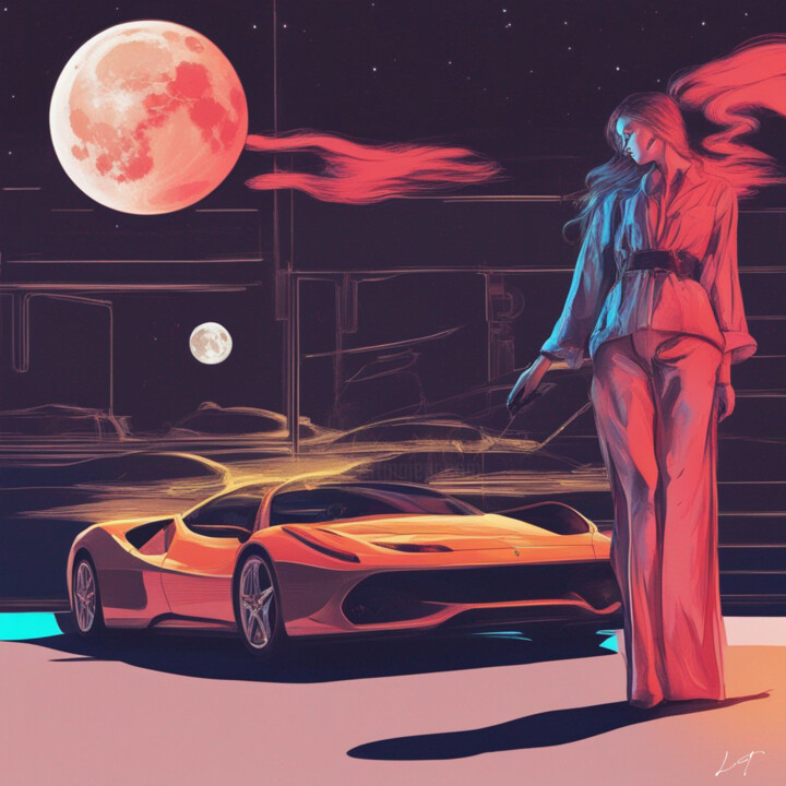Painting titled "woamn and Supercar" by Licia Trobia, Original Artwork, Digital Painting