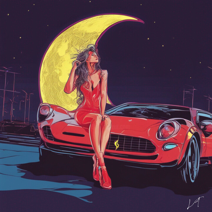 Painting titled "Moon light e Ferrar…" by Licia Trobia, Original Artwork, Ink Mounted on Wood Stretcher frame