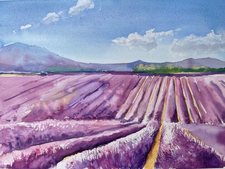 Schilderij getiteld "Lavender fields" door Lida Khomyakova (Artelida), Origineel Kunstwerk, Aquarel