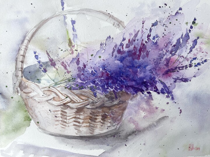 Painting titled "Basket with lavender" by Lida Khomyakova (Artelida), Original Artwork, Watercolor