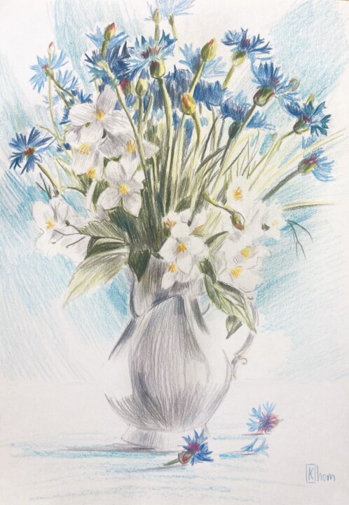 Painting titled "Bouquet of flowers" by Lida Khomyakova (Artelida), Original Artwork, Conté