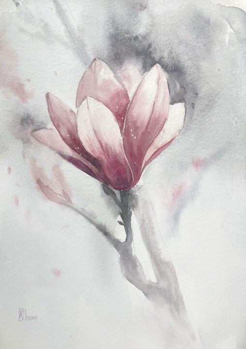 Malerei mit dem Titel "Magnolia Flower" von Lida Khomyakova (Artelida), Original-Kunstwerk, Aquarell