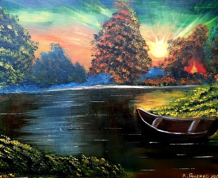 Pintura intitulada "Река" por Artem Gatsenko, Obras de arte originais, Acrílico Montado em Armação em madeira