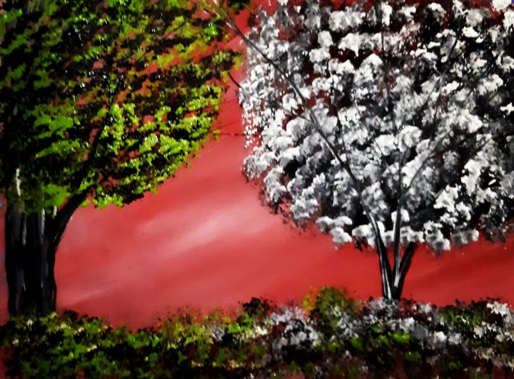 Картина под названием "Два дерева" - Артем Гаценко, Подлинное произведение искусства, Акрил Установлен на Деревянная рама дл…
