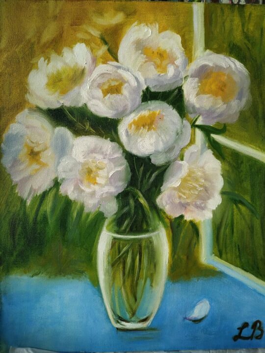 Peinture intitulée "Белые пионы в вазе." par Lidiia Brel, Œuvre d'art originale, Huile
