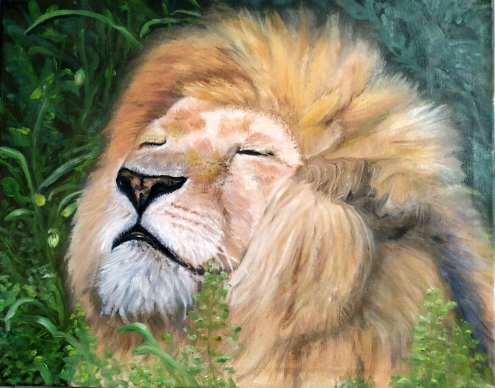 Peinture intitulée "Лев в засаде задрем…" par Lidiia Brel, Œuvre d'art originale, Huile