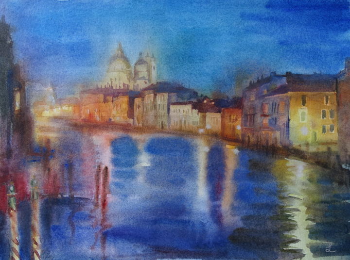 Painting titled "Venedig - Nacht" by Lidia Epshtein, Original Artwork, Watercolor