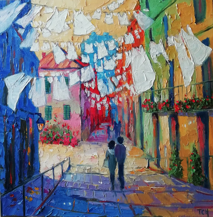 Painting titled "Nella città colorata" by Lidia Tchoumakova, Original Artwork, Oil Mounted on Cardboard