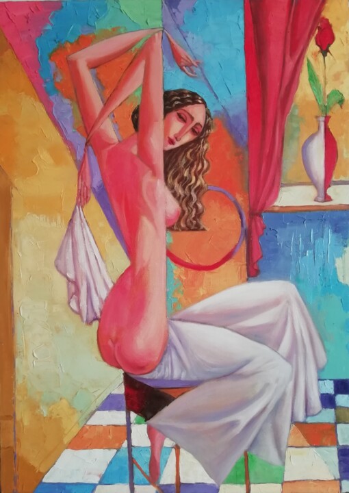 Painting titled "Nel bagno" by Lidia Tchoumakova, Original Artwork, Oil Mounted on Wood Stretcher frame