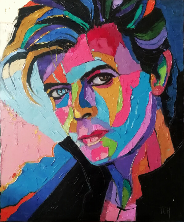 Schilderij getiteld "David Bowie" door Lidia Tchoumakova, Origineel Kunstwerk, Olie Gemonteerd op Frame voor houten brancard