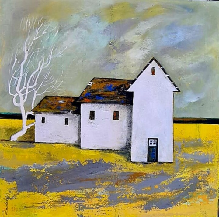 Painting titled "HOUSE IN YELOW LAND" by Lidia Zadeh Petrescu, Original Artwork, Acrylic