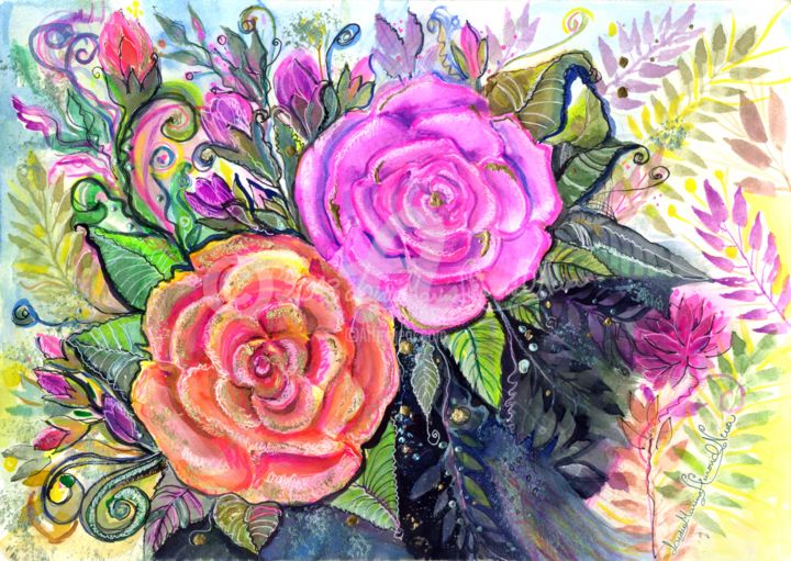 Pintura intitulada "1-roses-w.jpg" por Lidia Marina Hurovich Neiva, Obras de arte originais