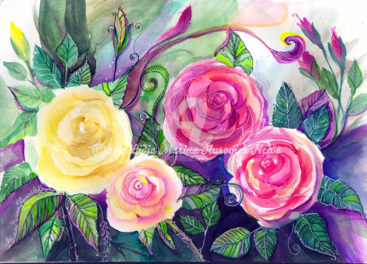 Pintura intitulada "roses-w.jpg" por Lidia Marina Hurovich Neiva, Obras de arte originais