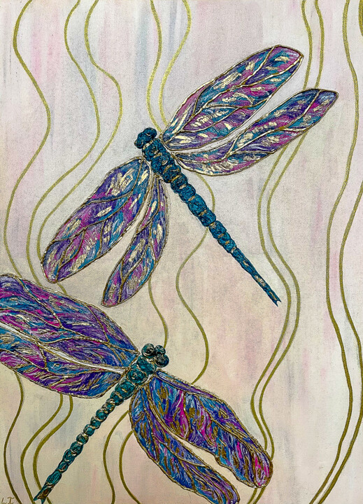 Painting titled "Dragonflies" by Lidiia Isakova, Original Artwork, Acrylic Mounted on Wood Stretcher frame