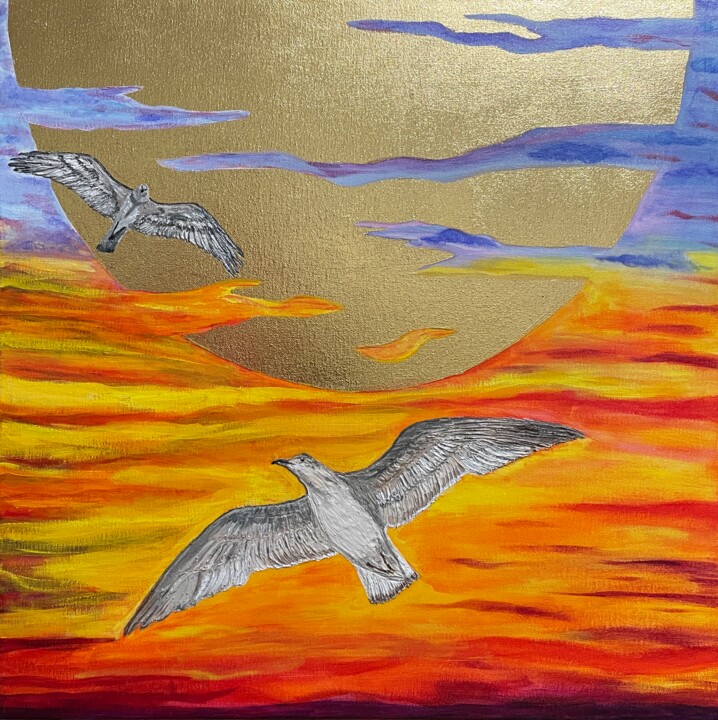 Pintura titulada "Seagulls at sunset" por Lidiia Isakova, Obra de arte original, Acrílico Montado en Bastidor de camilla de…