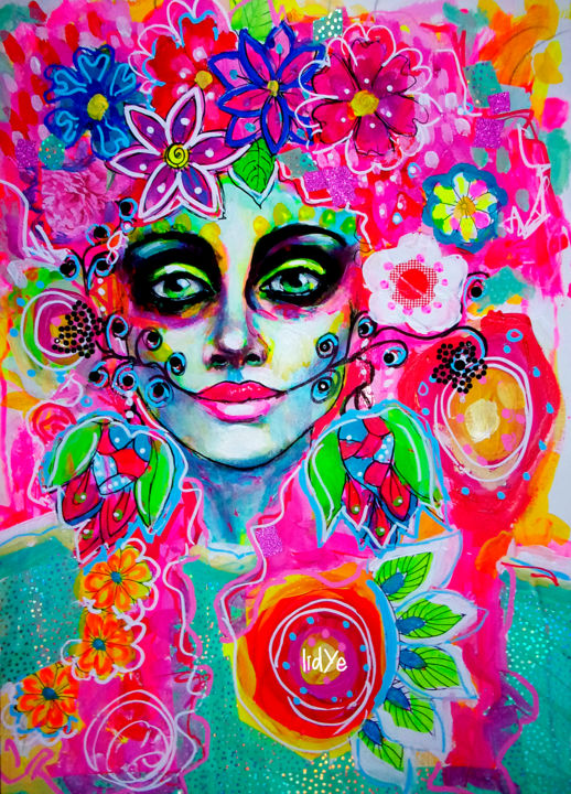 Painting titled "Femme Fleur" by Lidye, Original Artwork, Acrylic