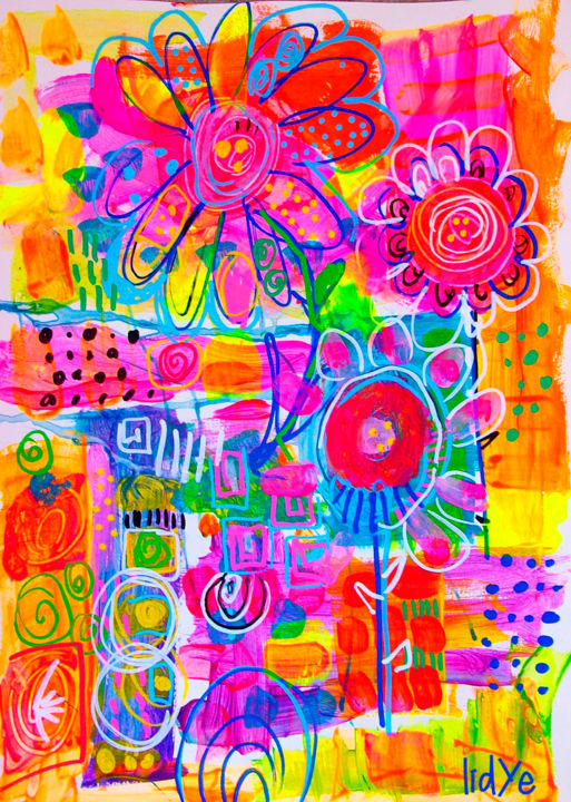 Peinture intitulée "Fleurs abstraites 2" par Lidye, Œuvre d'art originale, Acrylique