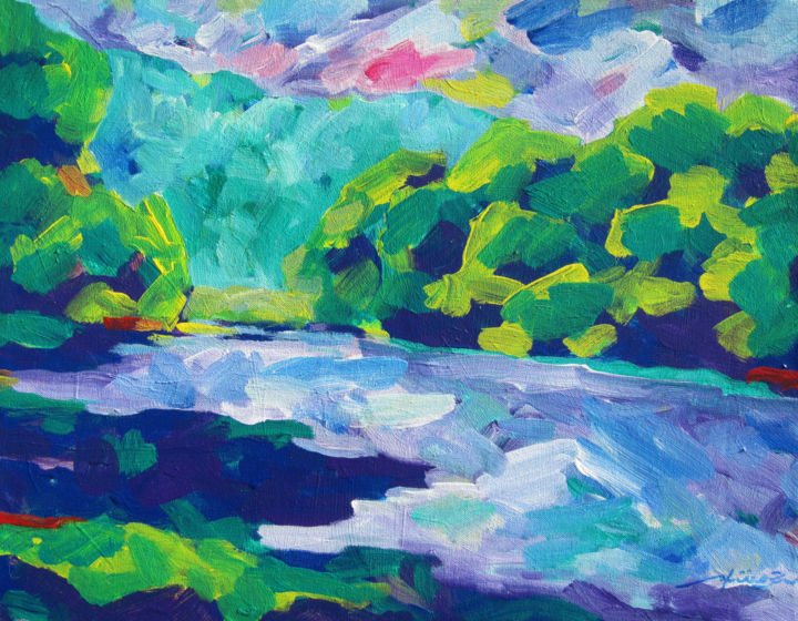 Pintura titulada "Green River" por Hiro Yoshida, Obra de arte original, Acrílico Montado en Panel de madera