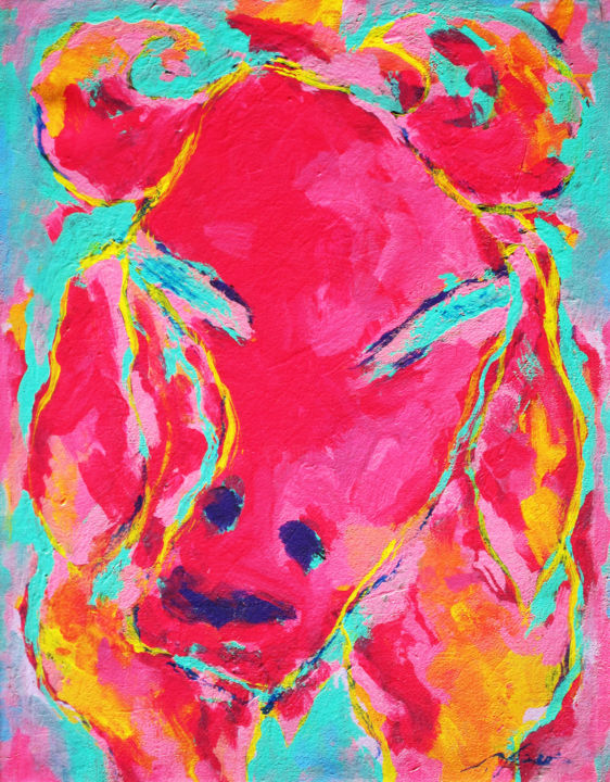 Pintura titulada "Crazy pink aqua bull" por Hiro Yoshida, Obra de arte original, Acrílico