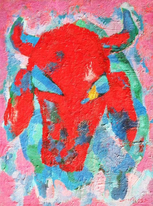 Pintura titulada "Crazy funny bull" por Hiro Yoshida, Obra de arte original, Oleo