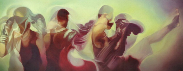 Painting titled "Shadow Battle 4" by Liew Choong Ching, Original Artwork, Oil