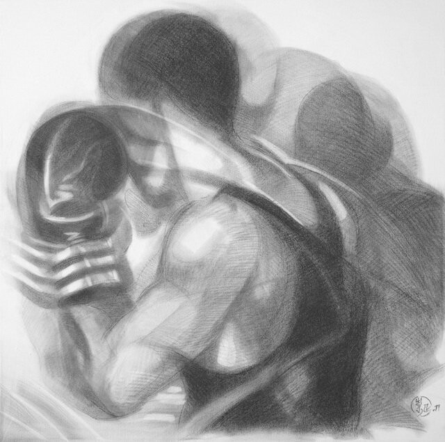 Malerei mit dem Titel "Shadow Boxing 6 - D…" von Liew Choong Ching, Original-Kunstwerk, Öl