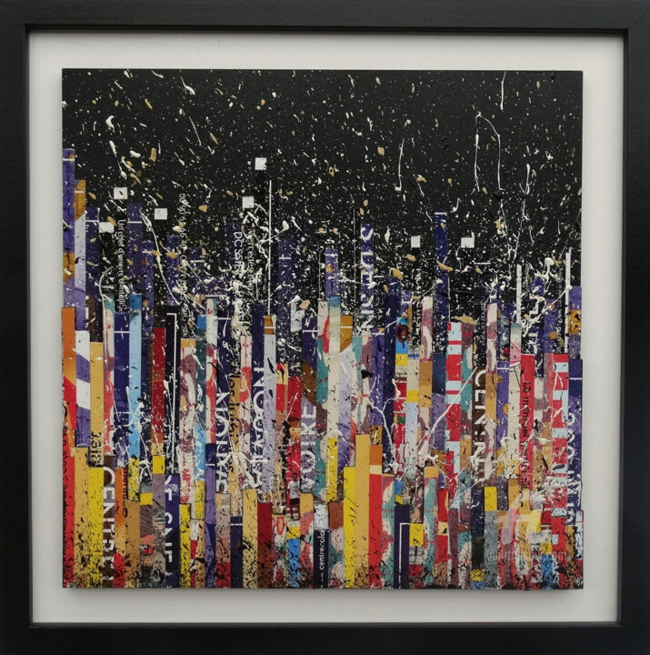 Collages intitulée "PURPLE RAIN 1" par Liin, Œuvre d'art originale, Papier Monté sur Panneau de bois