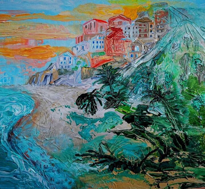 Painting titled "Beach, Village Land…" by Lika Kakhidze, Original Art, Acrylic