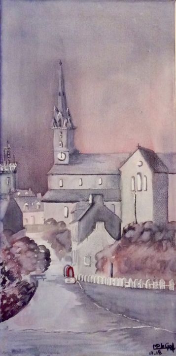 Painting titled "Eglise de l’ile de…" by Marie-Pascale Le Goff (L’île à L’eau), Original Artwork, Watercolor