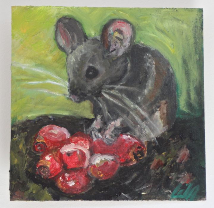 Painting titled "greedy mouse" by Lila, Original Artwork, Oil