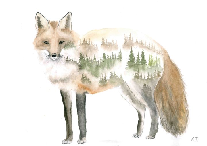 Malerei mit dem Titel ""Cunning fox"" von Ellen Teko Tereshchenko, Original-Kunstwerk, Aquarell