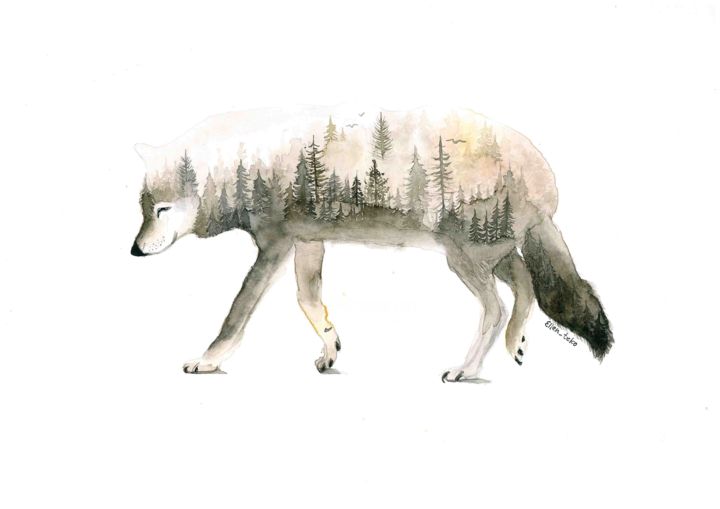 Painting titled ""Wolf"" by Ellen Teko Tereshchenko, Original Artwork, Watercolor