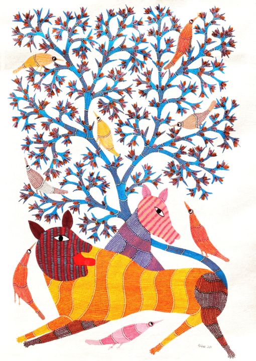 Картина под названием "Gond Painting44" - Lilesh Ureti, Подлинное произведение искусства, Акрил