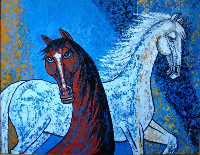 Painting titled "2 chevaux" by Lili Fijalkowska, Original Artwork