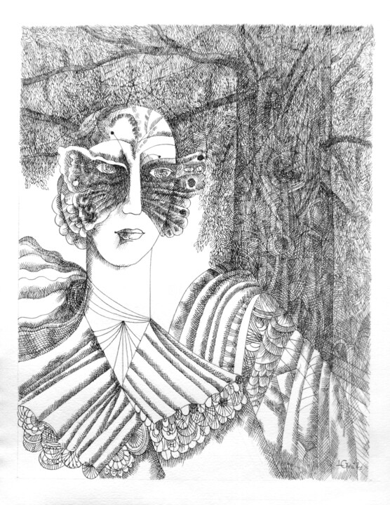 Desenho intitulada ""Marquis mit Maske"…" por Lili Gräfenstein, Obras de arte originais, Tinta