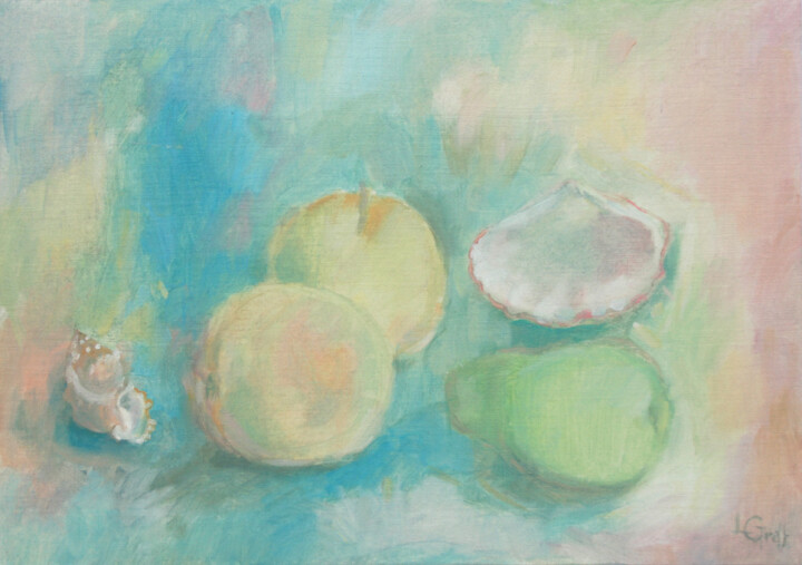 Malerei mit dem Titel "Obst und Muscheln" von Lili Gräfenstein, Original-Kunstwerk, Öl