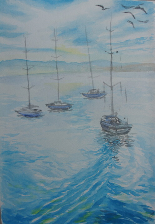 Картина под названием "Корабли и чайки 1" - Lili Pic, Подлинное произведение искусства, Акварель Установлен на картон