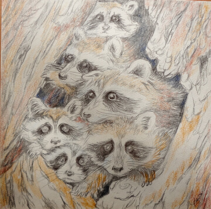 Картина под названием "Маленькие еноты в д…" - Lili Pic, Подлинное произведение искусства, Цветные карандаши Установлен на к…