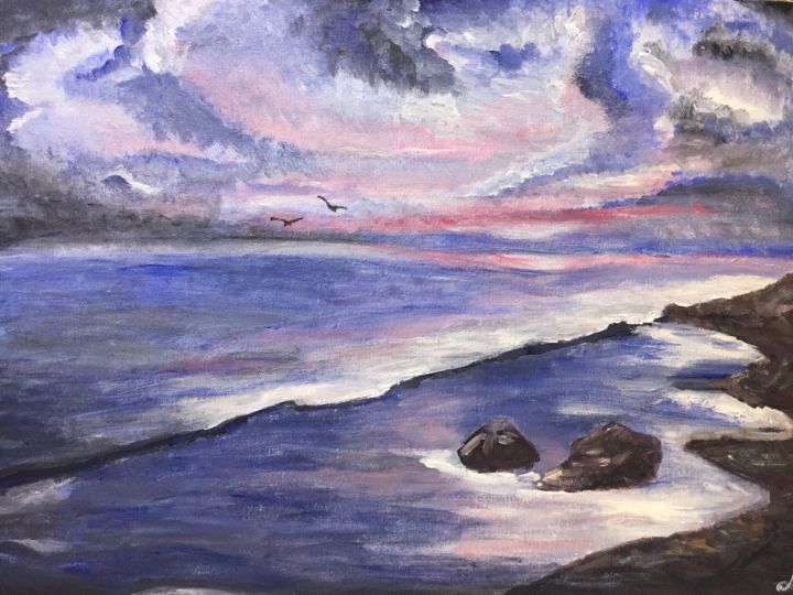 Painting titled "Sunset by the sea" by Lili White, Original Artwork, Acrylic
