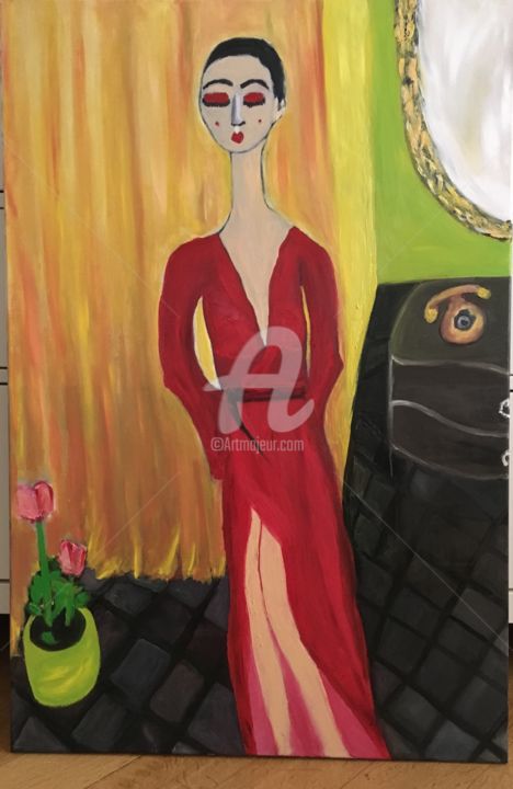 Schilderij getiteld "The woman in Red" door Bmed, Origineel Kunstwerk, Olie