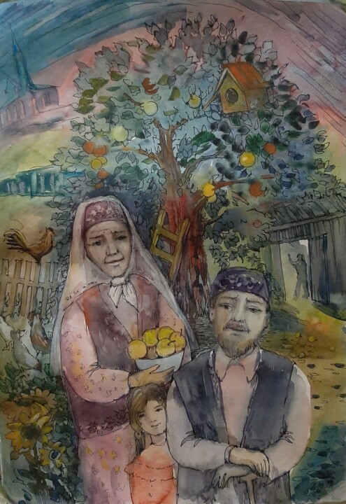 Painting titled "Счастье" by Liliia Mustafina Khazieva, Original Artwork, Watercolor Mounted on Other rigid panel
